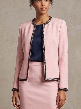 KASPER ASL Blazer Jacket Lined Embroidered Trim Vintage Pink Black Size 10
